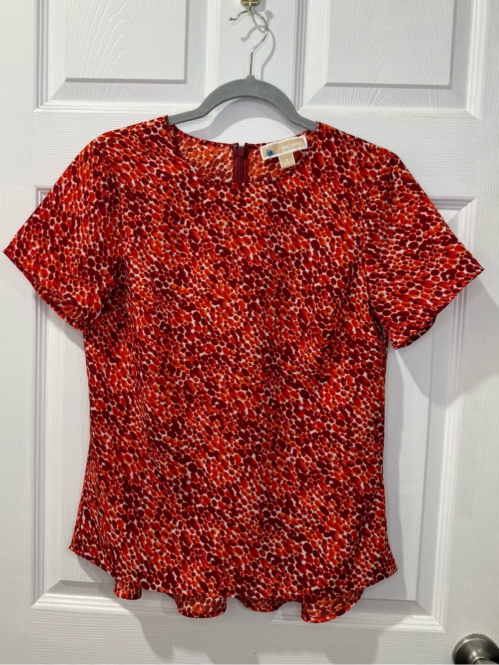 MICHAEL KORS Red  Orange Animal Spot Print Short Sleeve Ruffle Hem Blouse